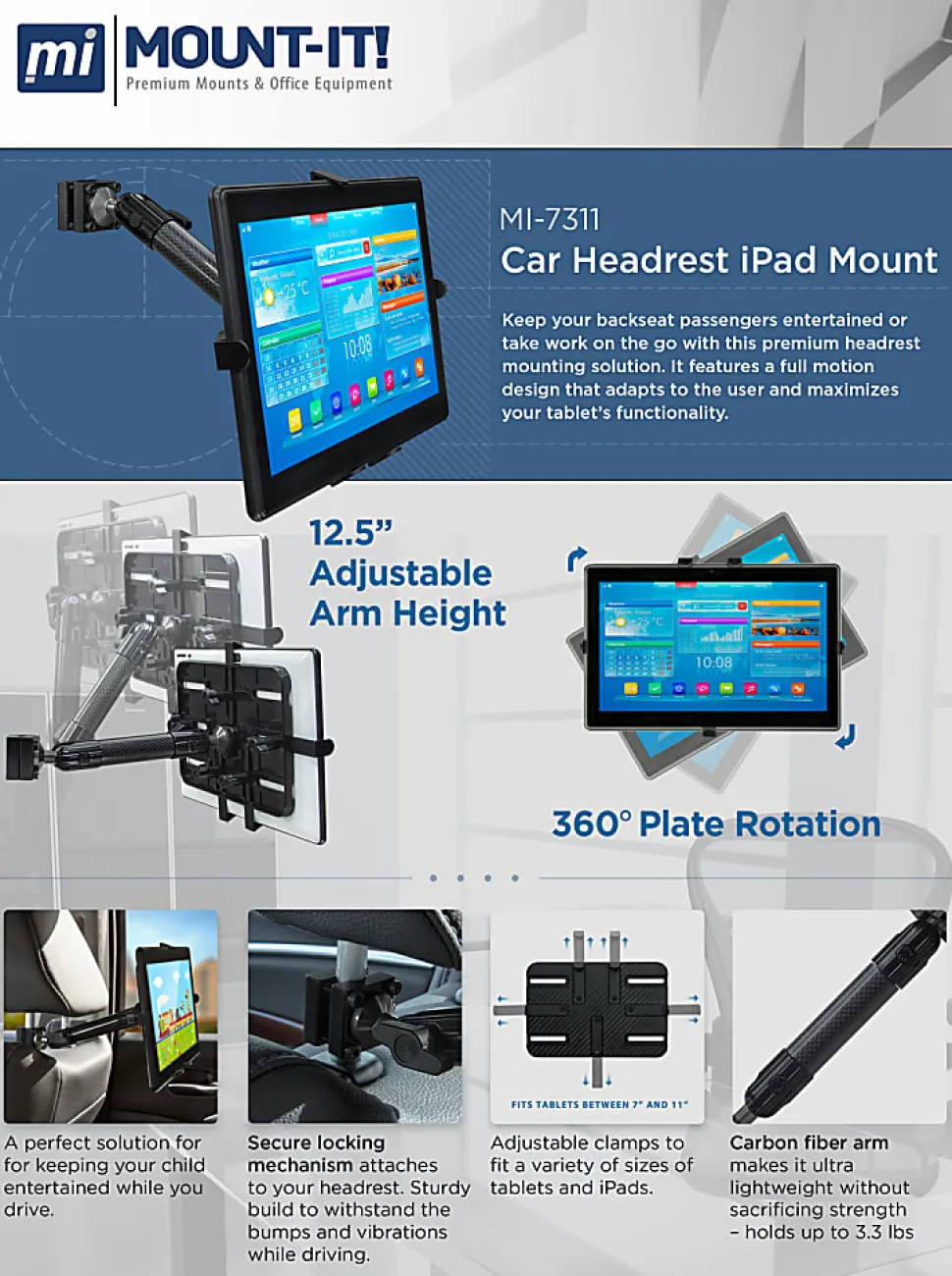 Mount-It! MI-7311 Auto Tablet Mount For 7-11" Devices, Black