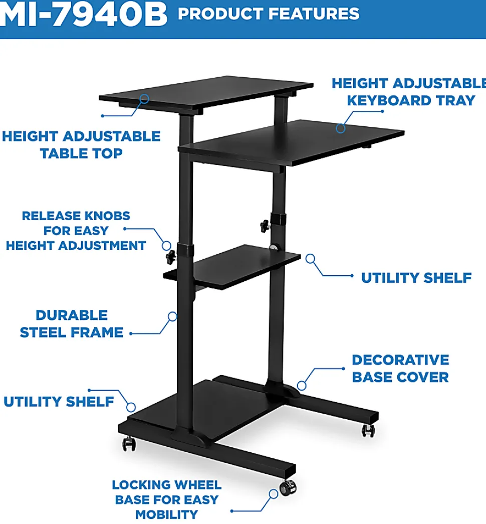 Mount-It! MI-7940B Mobile 37"W Stand-Up Desk, Black
