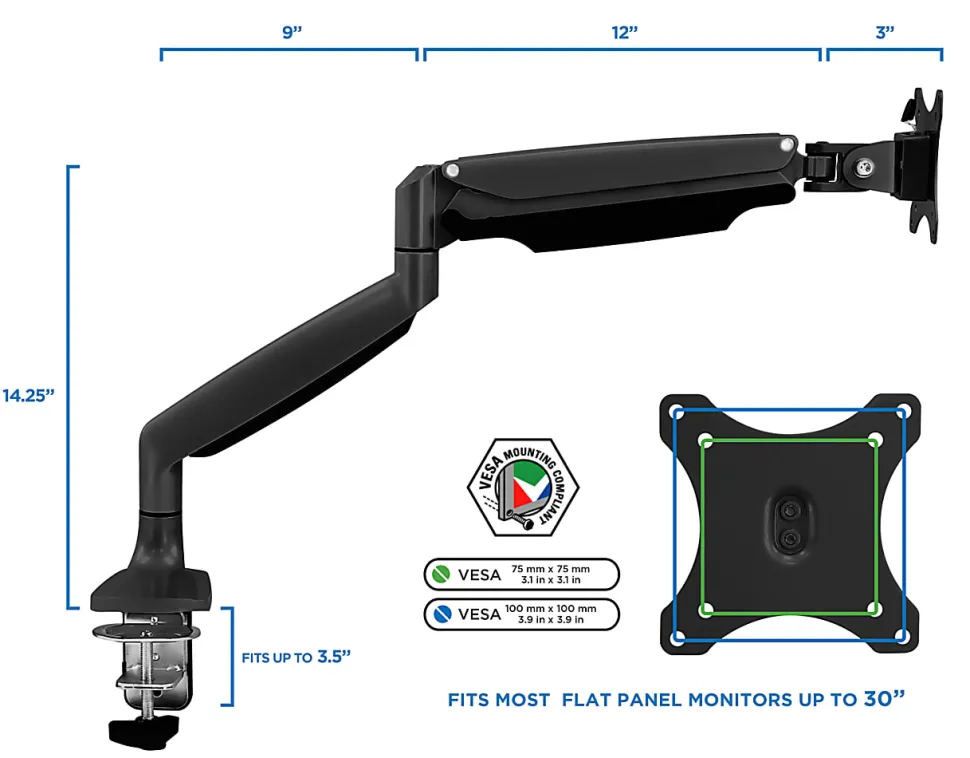 Mount-It! MI-1771B Single Monitor Desk Arm Mount, 19"H x 12"W x 4"D, Black