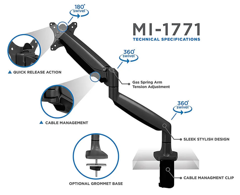 Mount-It! MI-1771B Single Monitor Desk Arm Mount, 19"H x 12"W x 4"D, Black