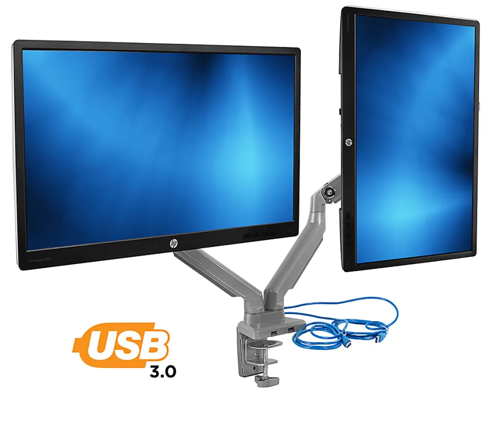 Mount-It! MI-2762 Dual-Monitor Arm Mount With USB Port, 16"H x 10"W x 6.6"D, Silver