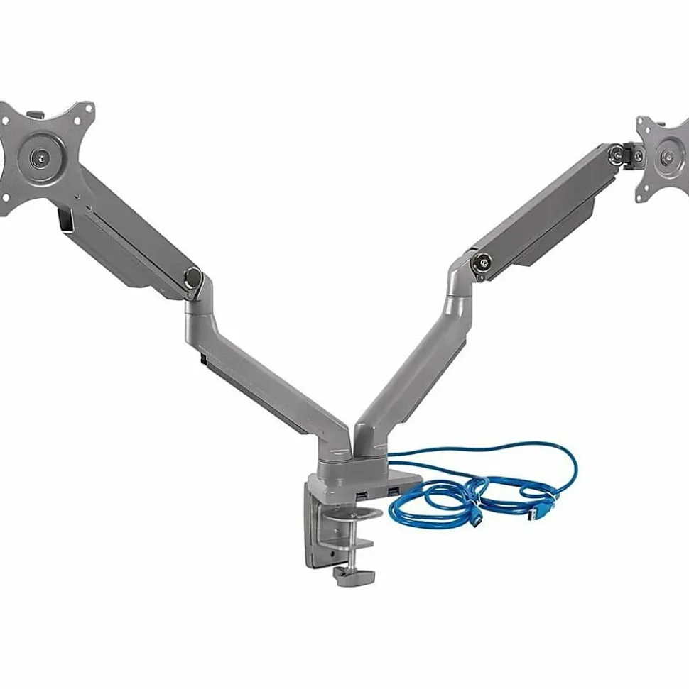 Mount-It! MI-2762 Dual-Monitor Arm Mount With USB Port, 16"H x 10"W x 6.6"D, Silver