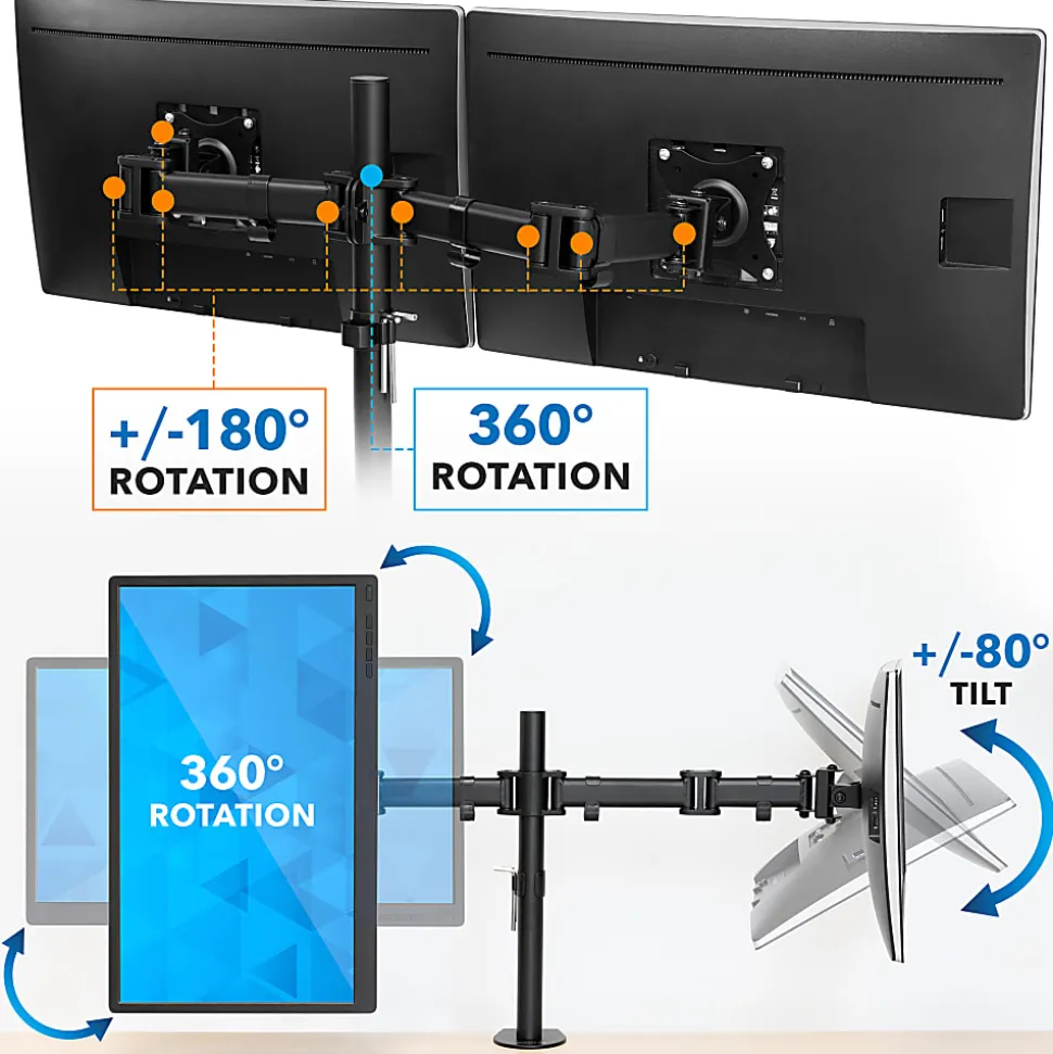 Mount-It! MI-1752 Dual Monitor Desk Mount For 13 - 27" Monitors, 17-1/4"H x 34"W x 5-1/2"D, Black