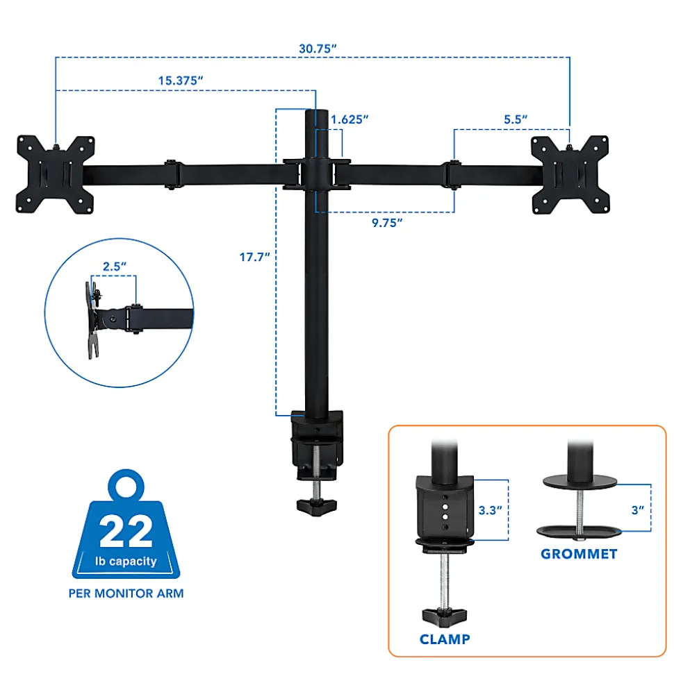 Mount-It! MI-2752 Dual Monitor Mount for 17"-32" Inch Computer Screens, Black