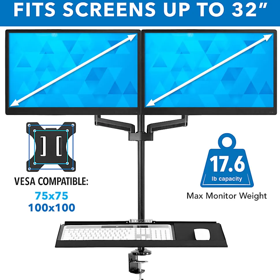 Mount-It! MI-7996 Dual Monitor Sit-Stand Desk Mount With Keyboard Tray, 38"H x 37"W x 27-1/2"L, Black