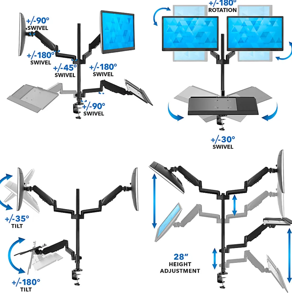 Mount-It! MI-7996 Dual Monitor Sit-Stand Desk Mount With Keyboard Tray, 38"H x 37"W x 27-1/2"L, Black