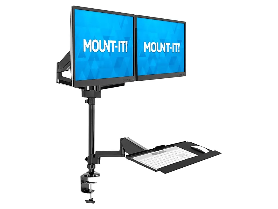 Mount-It! MI-7996 Dual Monitor Sit-Stand Desk Mount With Keyboard Tray, 38"H x 37"W x 27-1/2"L, Black