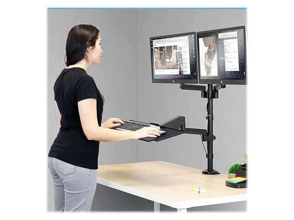 Mount-It! MI-7996 Dual Monitor Sit-Stand Desk Mount With Keyboard Tray, 38"H x 37"W x 27-1/2"L, Black
