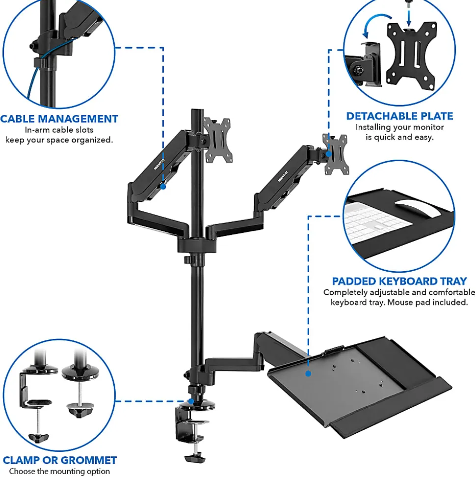 Mount-It! MI-7996 Dual Monitor Sit-Stand Desk Mount With Keyboard Tray, 38"H x 37"W x 27-1/2"L, Black