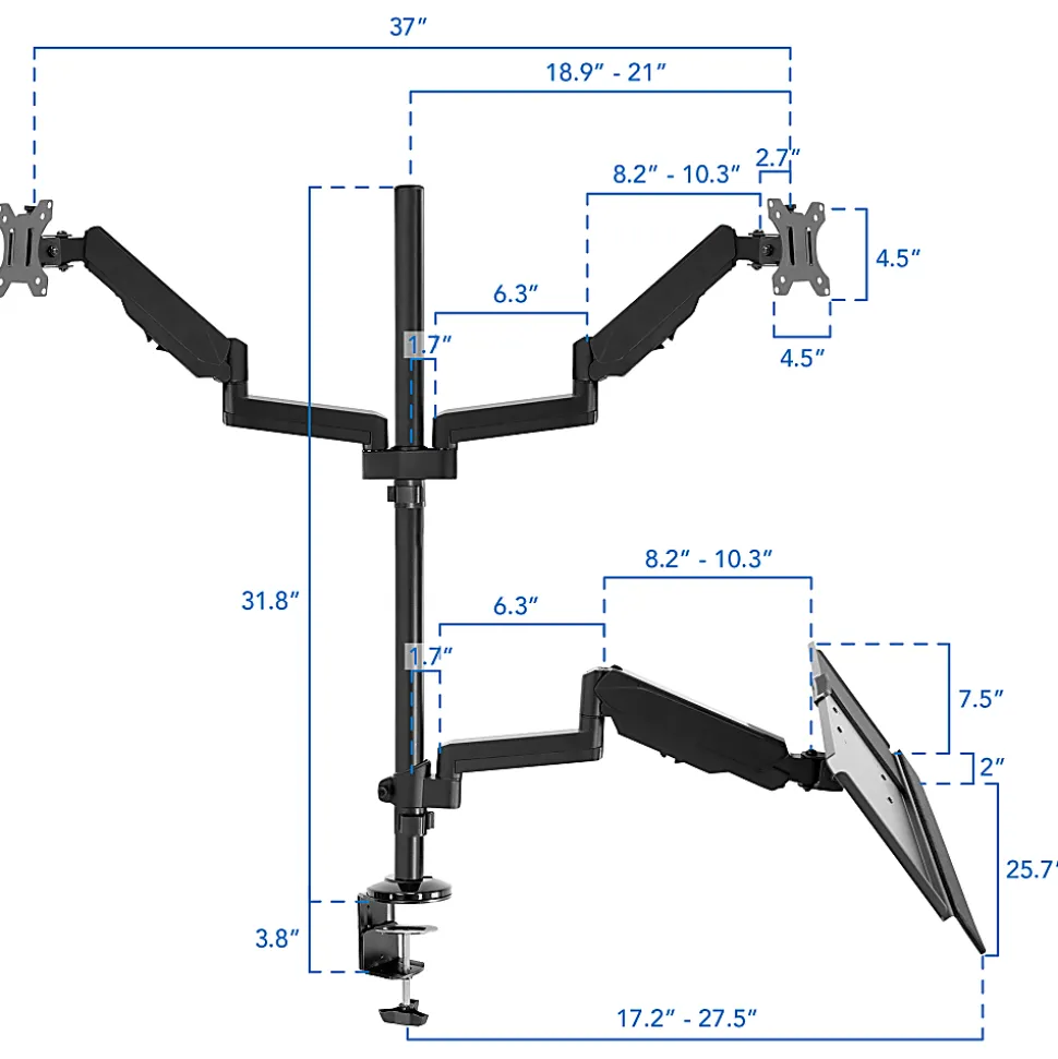 Mount-It! MI-7996 Dual Monitor Sit-Stand Desk Mount With Keyboard Tray, 38"H x 37"W x 27-1/2"L, Black