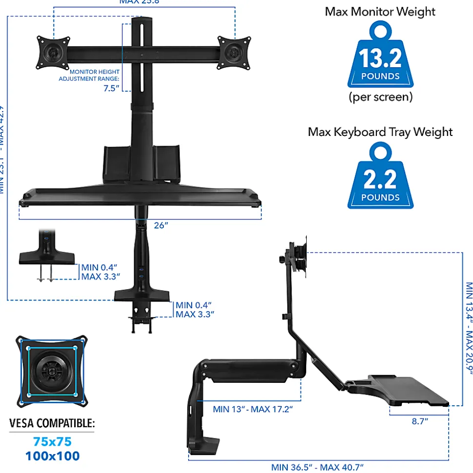 Mount-It! MI-7984 Dual-Monitor Sit-Stand Desk Riser Workstation With Gas Lift, 26"W x 40.7 "D, Black