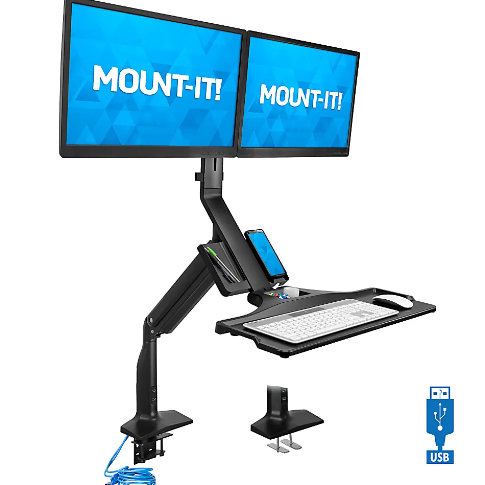 Mount-It! MI-7984 Dual-Monitor Sit-Stand Desk Riser Workstation With Gas Lift, 26"W x 40.7 "D, Black