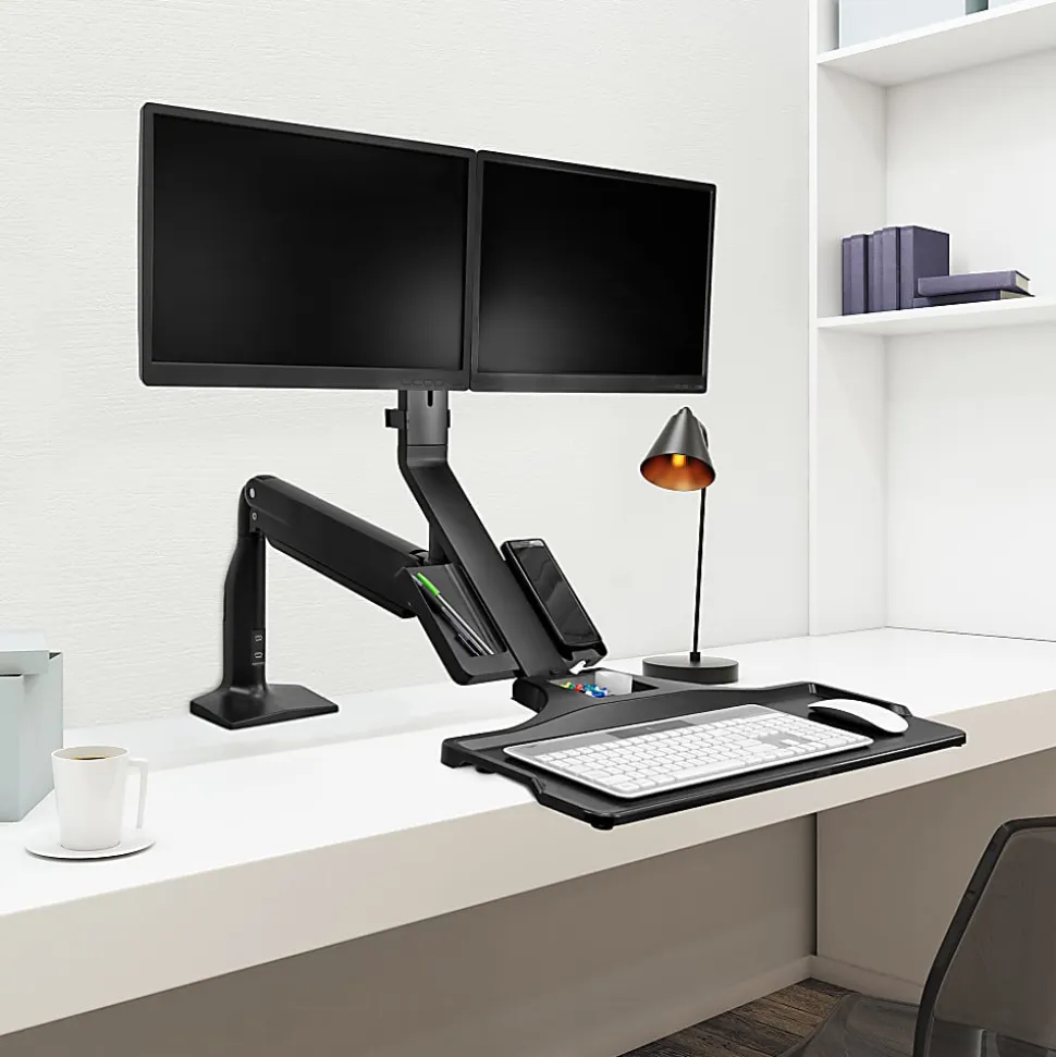 Mount-It! MI-7984 Dual-Monitor Sit-Stand Desk Riser Workstation With Gas Lift, 26"W x 40.7 "D, Black