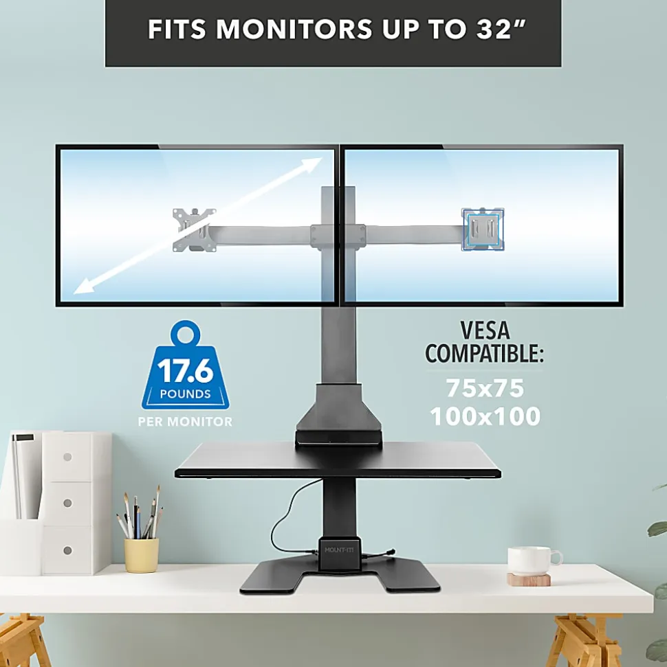 Mount-It! MI-7952 Electric Standing Desk Converter With Dual-Monitor Mount, Black