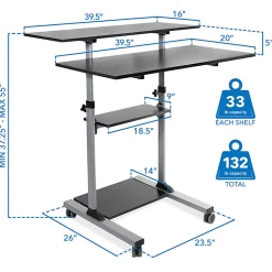 Mount-It! MI-7970 Height-Adjustable Mobile Standing Desk Workstation, 55"H x 39-1/2"W x 26"D, Silver