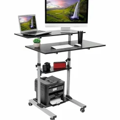 Mount-It! MI-7970 Height-Adjustable Mobile Standing Desk Workstation, 55"H x 39-1/2"W x 26"D, Silver
