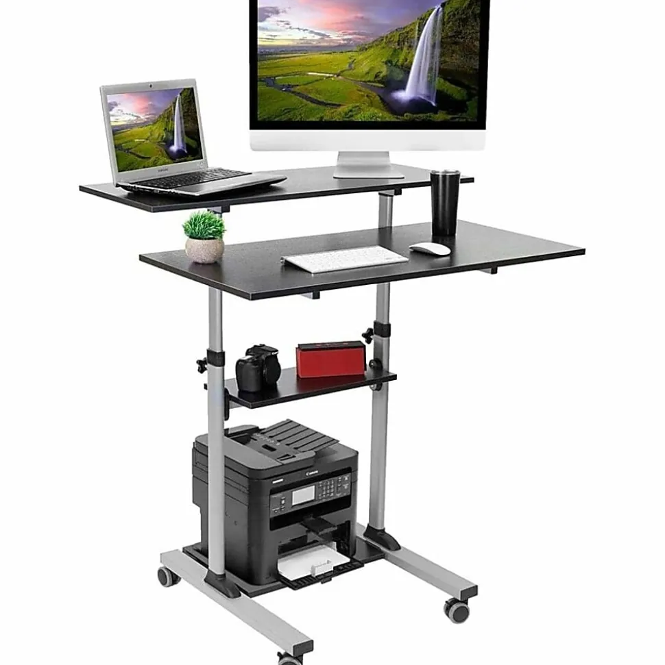 Mount-It! MI-7970 Height-Adjustable Mobile Standing Desk Workstation, 55"H x 39-1/2"W x 26"D, Silver