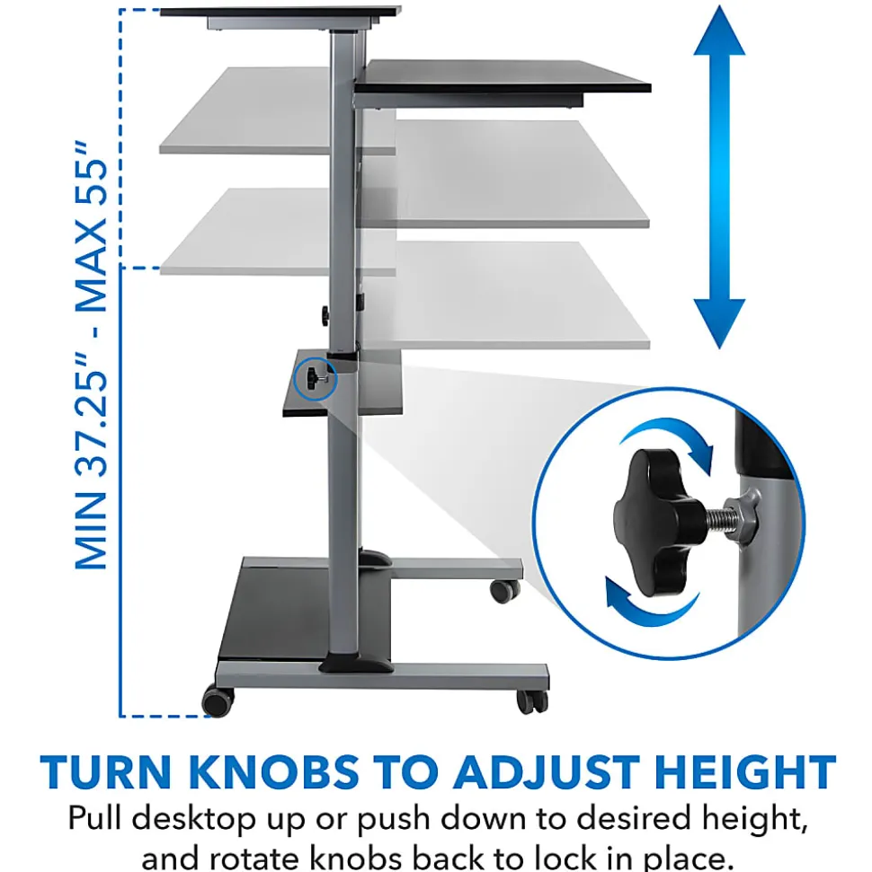 Mount-It! MI-7970 Height-Adjustable Mobile Standing Desk Workstation, 55"H x 39-1/2"W x 26"D, Silver