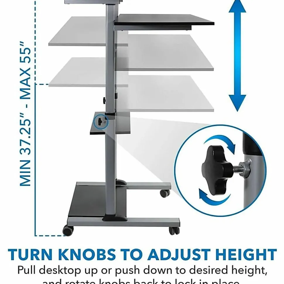 Mount-It! MI-7970 Height-Adjustable Mobile Standing Desk Workstation, 55"H x 39-1/2"W x 26"D, Silver