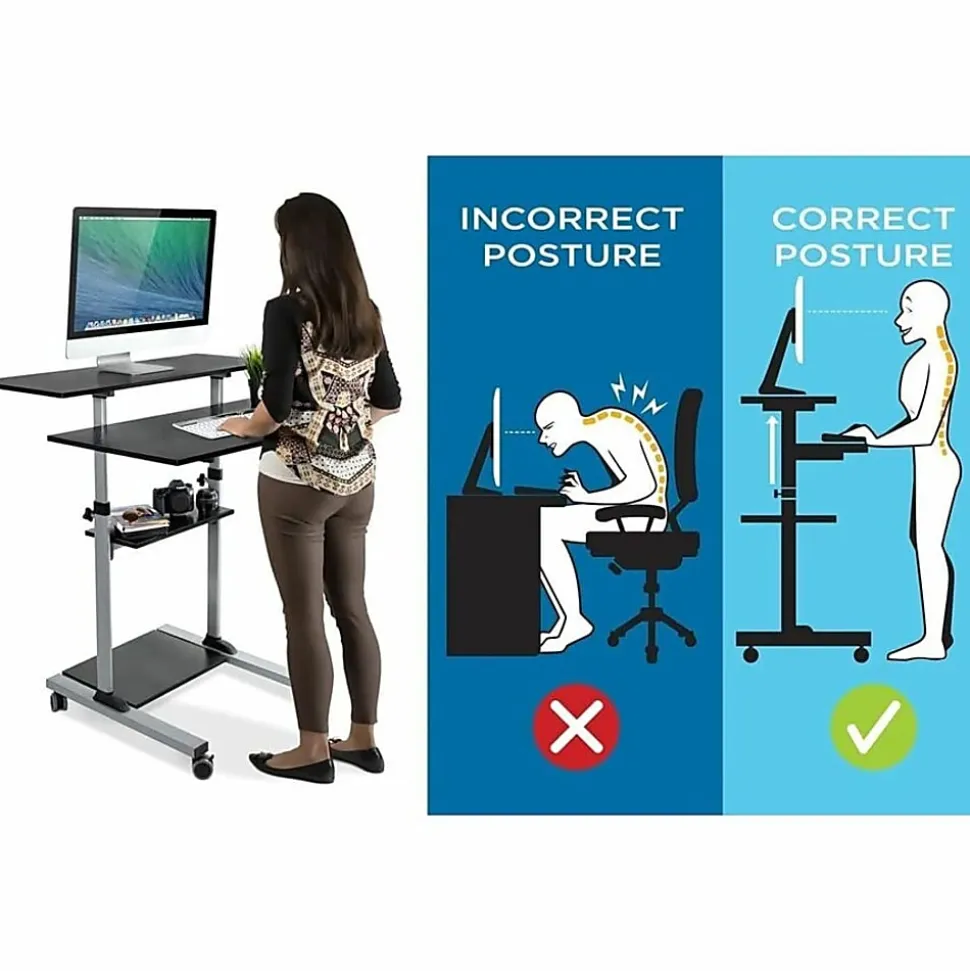 Mount-It! MI-7970 Height-Adjustable Mobile Standing Desk Workstation, 55"H x 39-1/2"W x 26"D, Silver