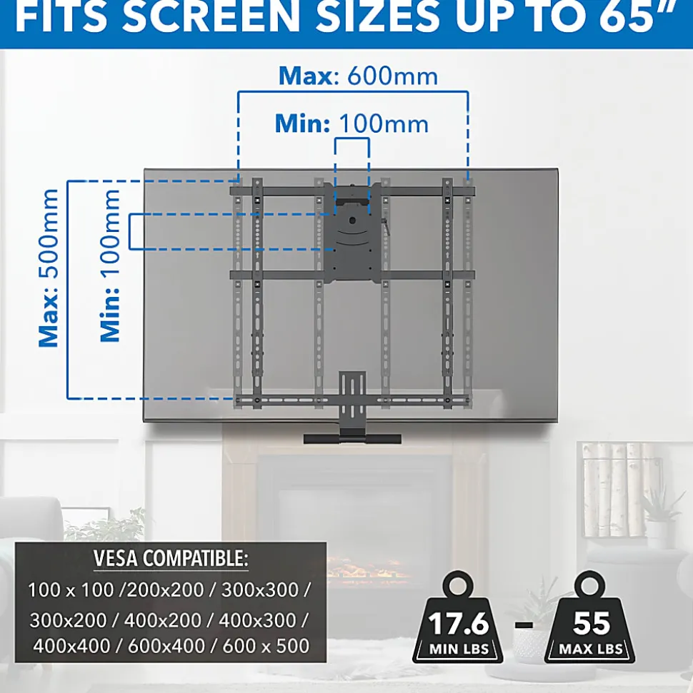 Mount-It! MI-384 Height-Adjustable Fireplace TV Mount For Screens 42" - 65", 70"H x 40"W x 13"D, Black
