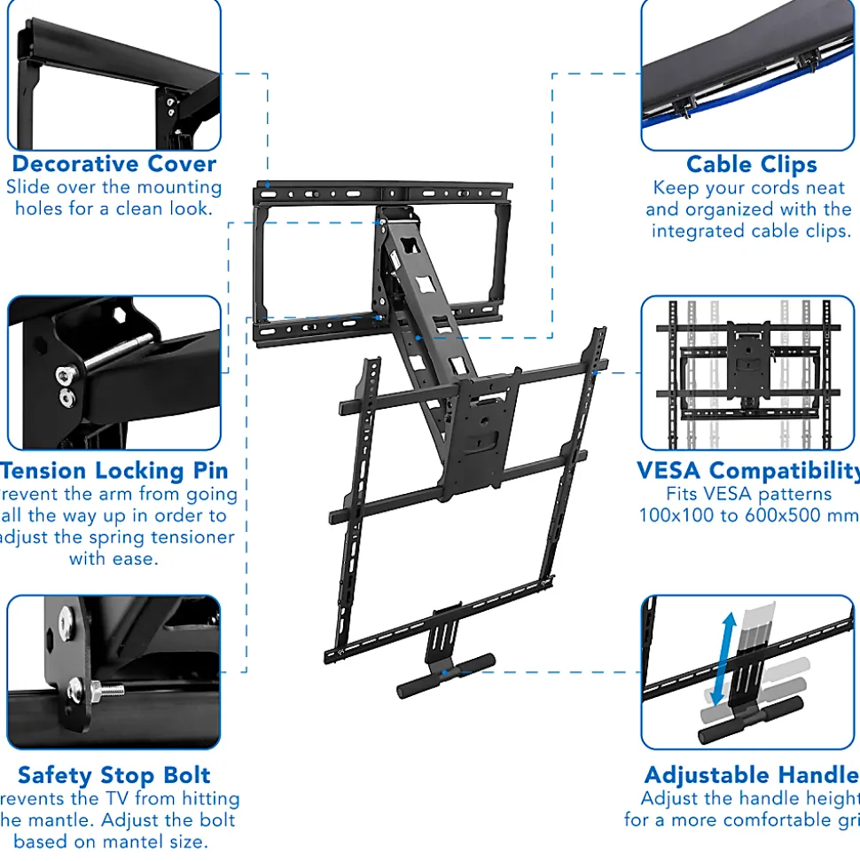 Mount-It! MI-384 Height-Adjustable Fireplace TV Mount For Screens 42" - 65", 70"H x 40"W x 13"D, Black