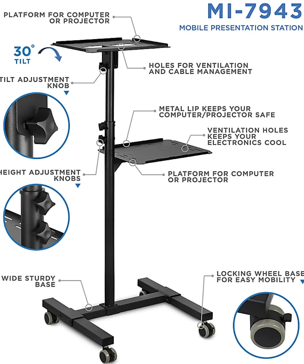 Mount-It! MI-7943 Mobile Projector Standing Desk, 33-1/2”H x 15-1/2”W x 4-1/2”D, Black
