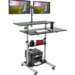 Mount-It! MI-7972 Mobile Standing Desk Workstation, With Dual-Monitor Mount, 72-1/4"H x 39-1/2"W x 26"D, Silver