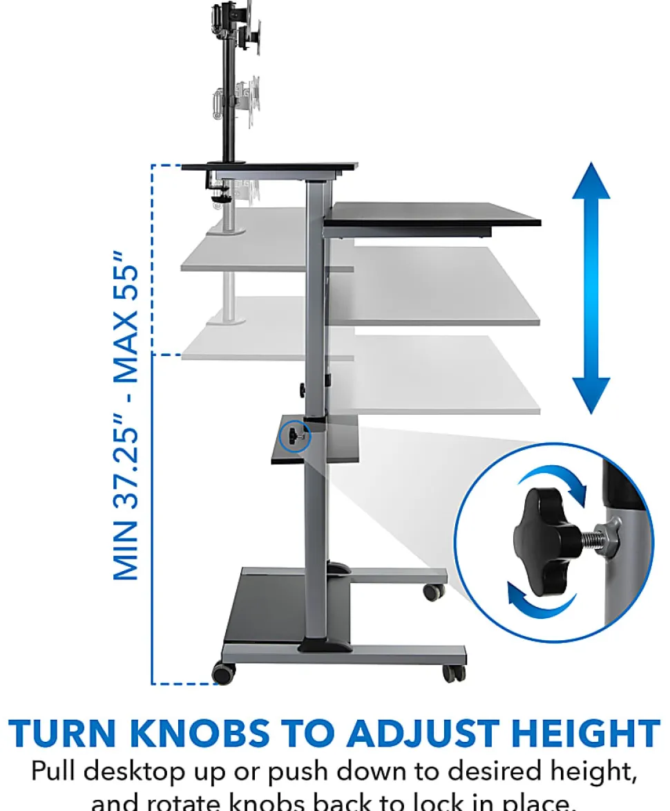 Mount-It! MI-7972 Mobile Standing Desk Workstation, With Dual-Monitor Mount, 72-1/4"H x 39-1/2"W x 26"D, Silver