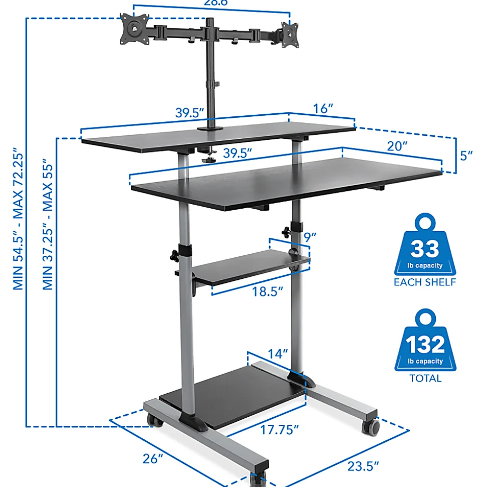 Mount-It! MI-7972 Mobile Standing Desk Workstation, With Dual-Monitor Mount, 72-1/4"H x 39-1/2"W x 26"D, Silver