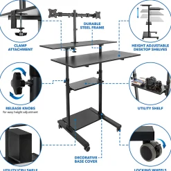 Mount-It! MI-7972 Mobile Standing Desk Workstation, With Dual-Monitor Mount, 72-1/4"H x 39-1/2"W x 26"D, Black