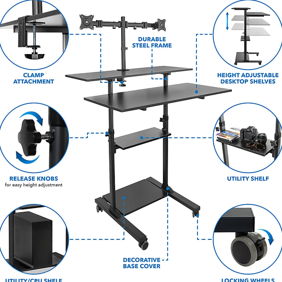 Mount-It! MI-7972 Mobile Standing Desk Workstation, With Dual-Monitor Mount, 72-1/4"H x 39-1/2"W x 26"D, Black