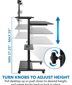 Mount-It! MI-7972 Mobile Standing Desk Workstation, With Dual-Monitor Mount, 72-1/4"H x 39-1/2"W x 26"D, Black