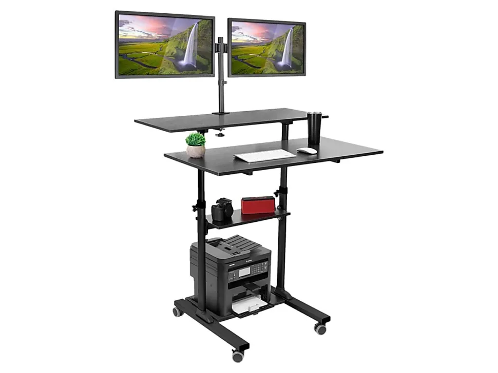 Mount-It! MI-7972 Mobile Standing Desk Workstation, With Dual-Monitor Mount, 72-1/4"H x 39-1/2"W x 26"D, Black