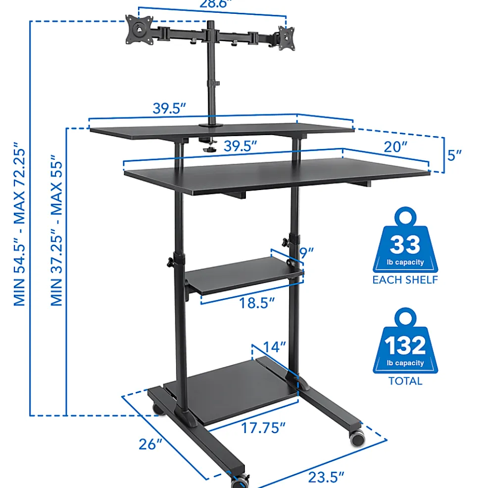 Mount-It! MI-7972 Mobile Standing Desk Workstation, With Dual-Monitor Mount, 72-1/4"H x 39-1/2"W x 26"D, Black
