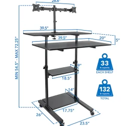Mount-It! MI-7972 Mobile Standing Desk Workstation, With Dual-Monitor Mount, 72-1/4