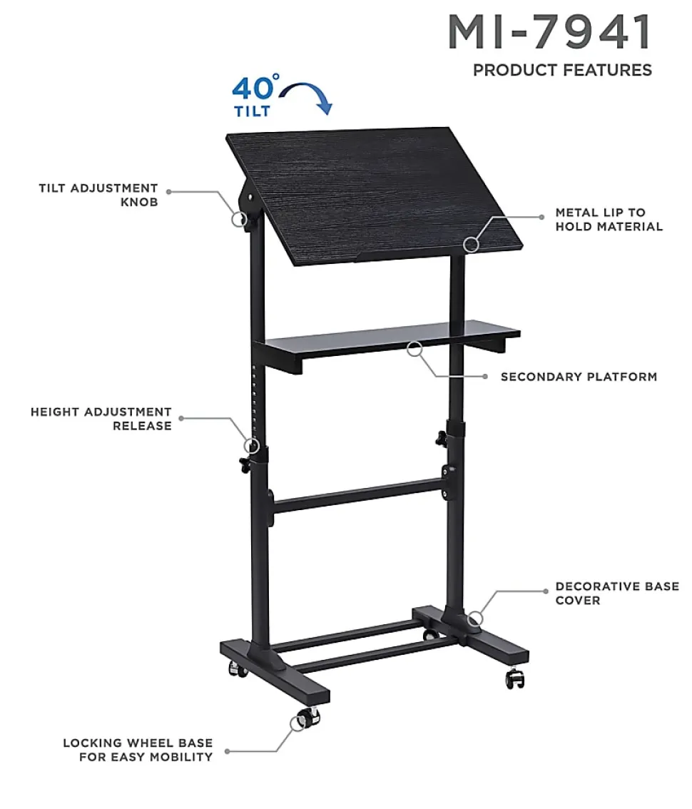 Mount-It! MI-7941Mobile Stand-Up Desk Lectern, 41"H x 20"W x 5-15/16"D, Black
