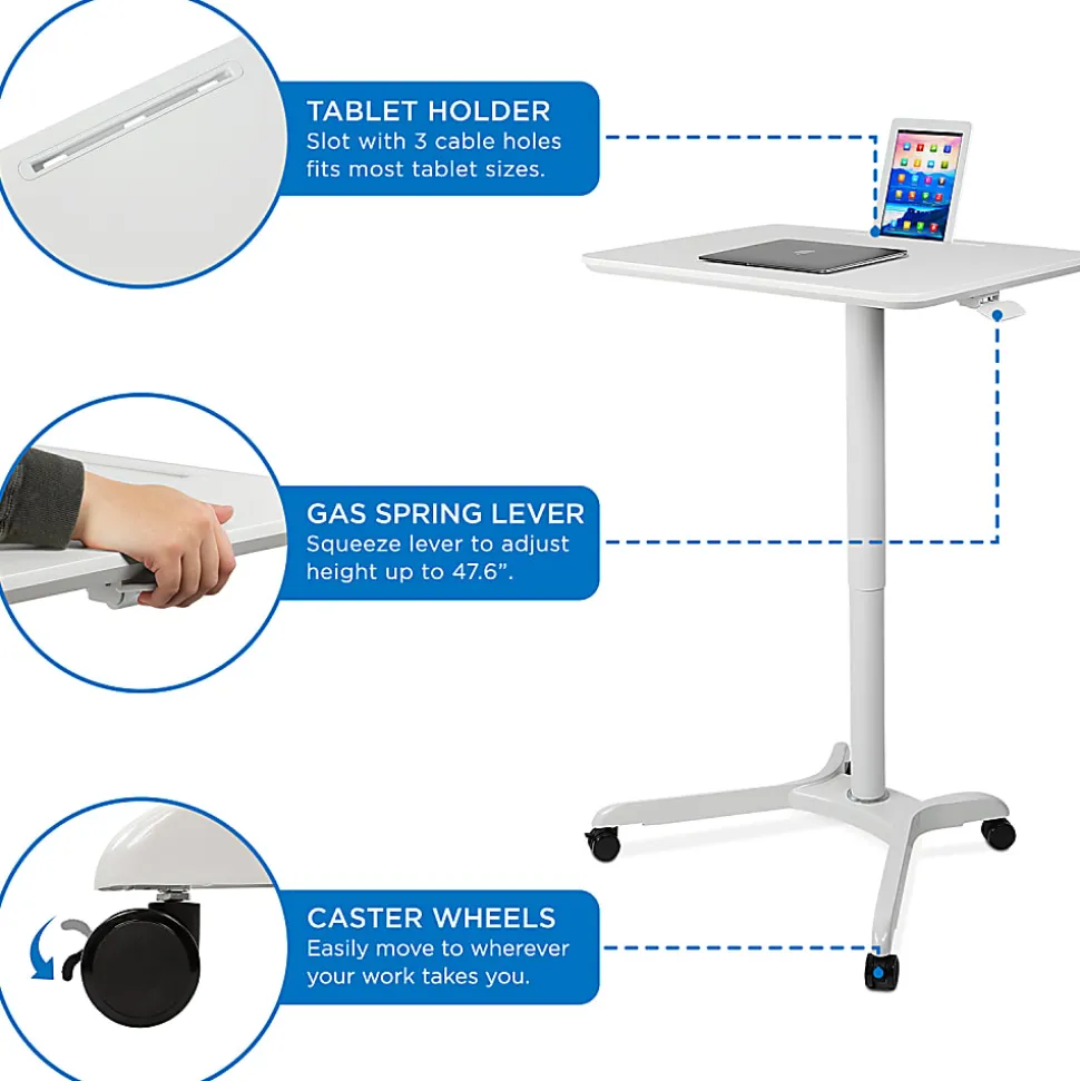 Mount-It! MI-7975 Standing Mobile Laptop Cart Workstation, 29-15/16”H x 28”W x 21-1/8”D, White