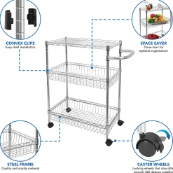 Mount-It! MI-7860 3-Tier Rolling Utility Cart, 32-1/2”H x 23-5/16”W x 13-1/2”D, Silver