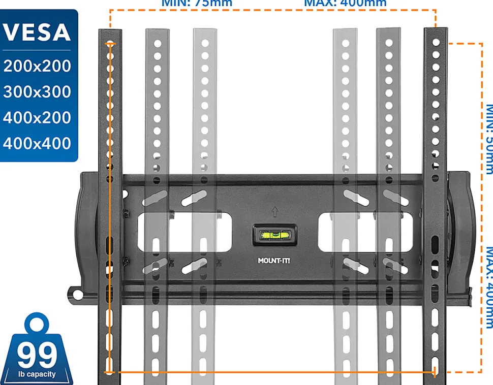 Mount-It! MI-2244T Lockable Anti-Theft TV Wall Mount, 7"H x 21"W x 2"D, Black