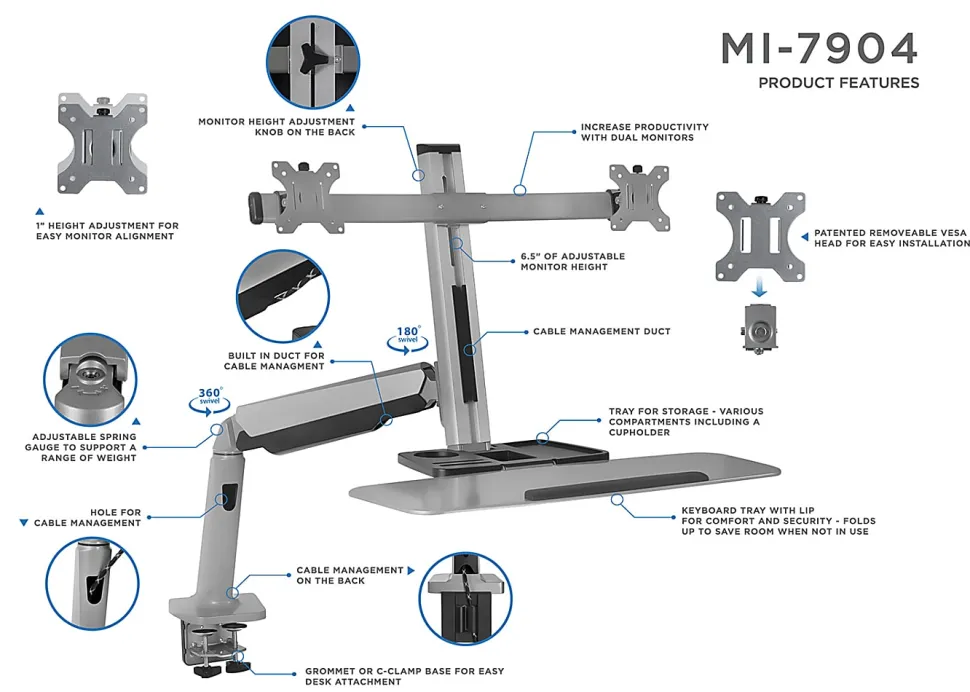 Mount-It! MI-7904 36"W Stand-Up Workstation With Dual-Monitor Mount, Silver