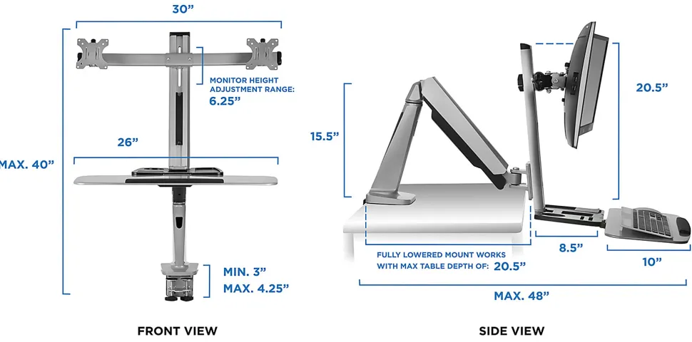 Mount-It! MI-7904 36"W Stand-Up Workstation With Dual-Monitor Mount, Silver