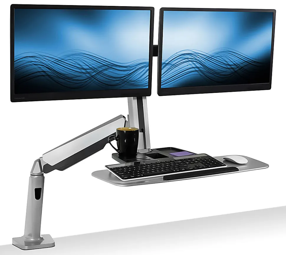 Mount-It! MI-7904 36"W Stand-Up Workstation With Dual-Monitor Mount, Silver