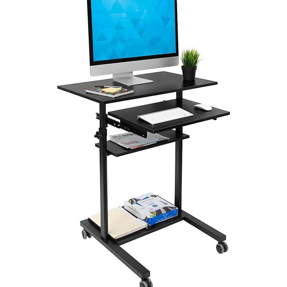Mount-It! Mobile Standing Desk Workstation With Retractable Keyboard, 55"H x 32"W x 25-3/4"D, Black