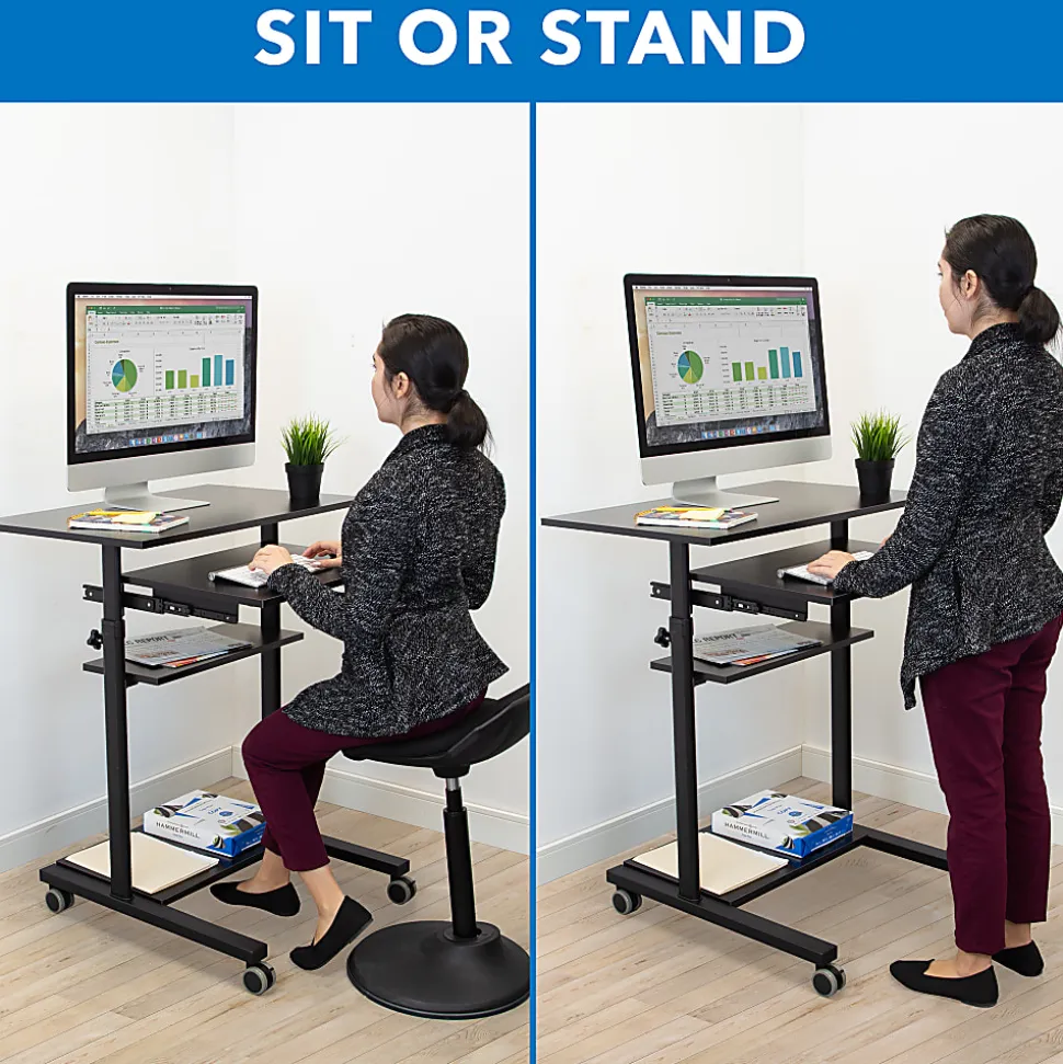 Mount-It! Mobile Standing Desk Workstation With Retractable Keyboard, 55"H x 32"W x 25-3/4"D, Black
