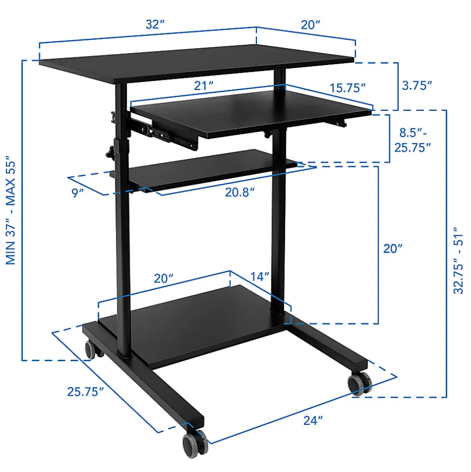 Mount-It! Mobile Standing Desk Workstation With Retractable Keyboard, 55"H x 32"W x 25-3/4"D, Black