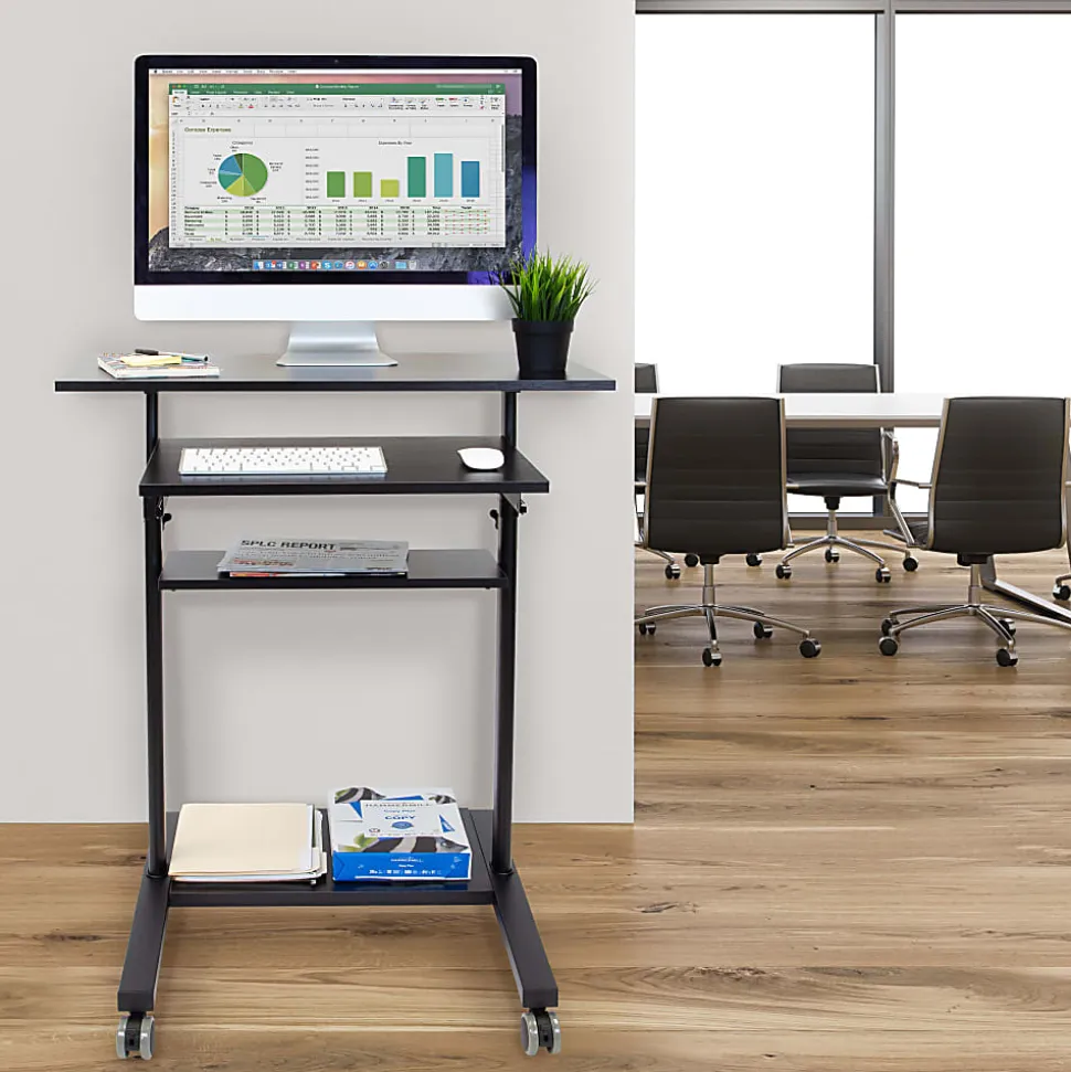 Mount-It! Mobile Standing Desk Workstation With Retractable Keyboard, 55"H x 32"W x 25-3/4"D, Black