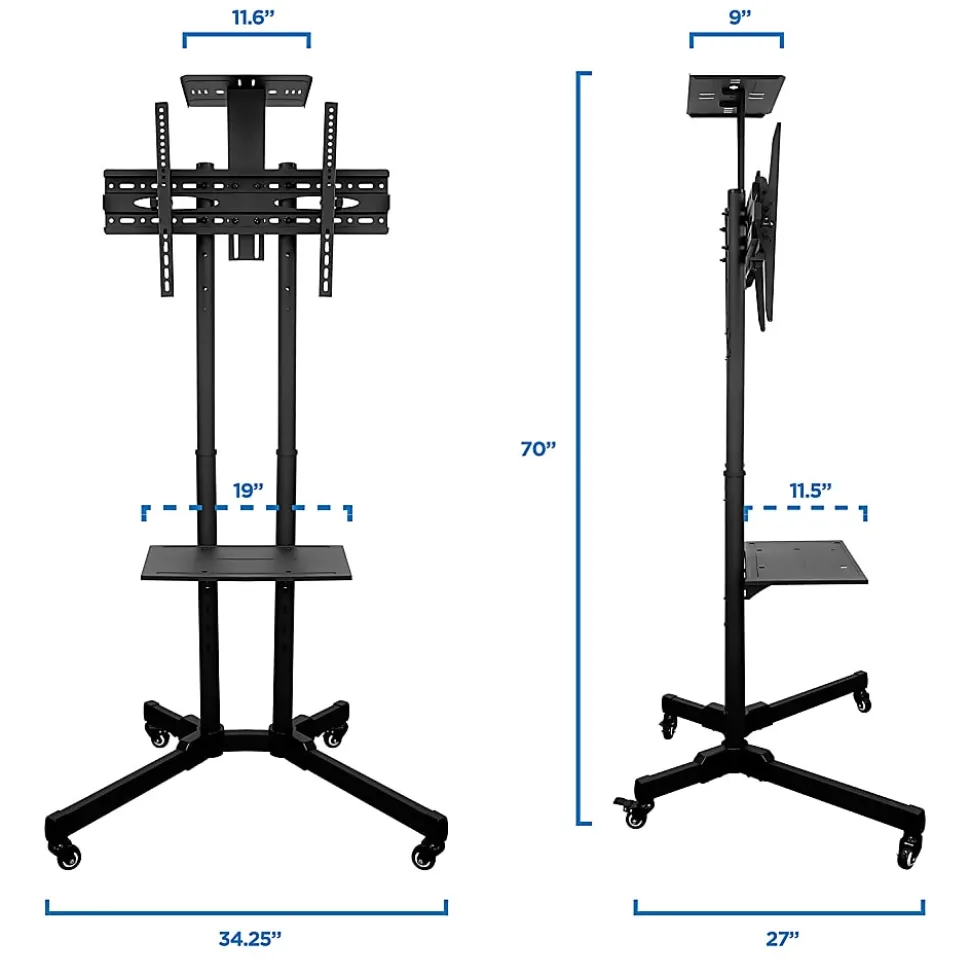 Mount-It! Mobile TV Stand With Rolling Casters And Shelf For 37” - 70” Displays, 70"H x 35"W x 25"D, Black