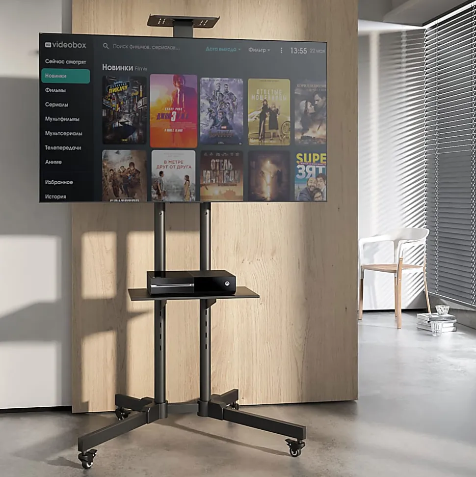 Mount-It! Mobile TV Stand With Rolling Casters And Shelf For 37” - 70” Displays, 70"H x 35"W x 25"D, Black