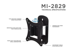 Mount-It! Single Stud Tilt And Swivel TV Wall Mount For Screens Up To 32", 2-3/4”H x 5”W x 6”D, Black
